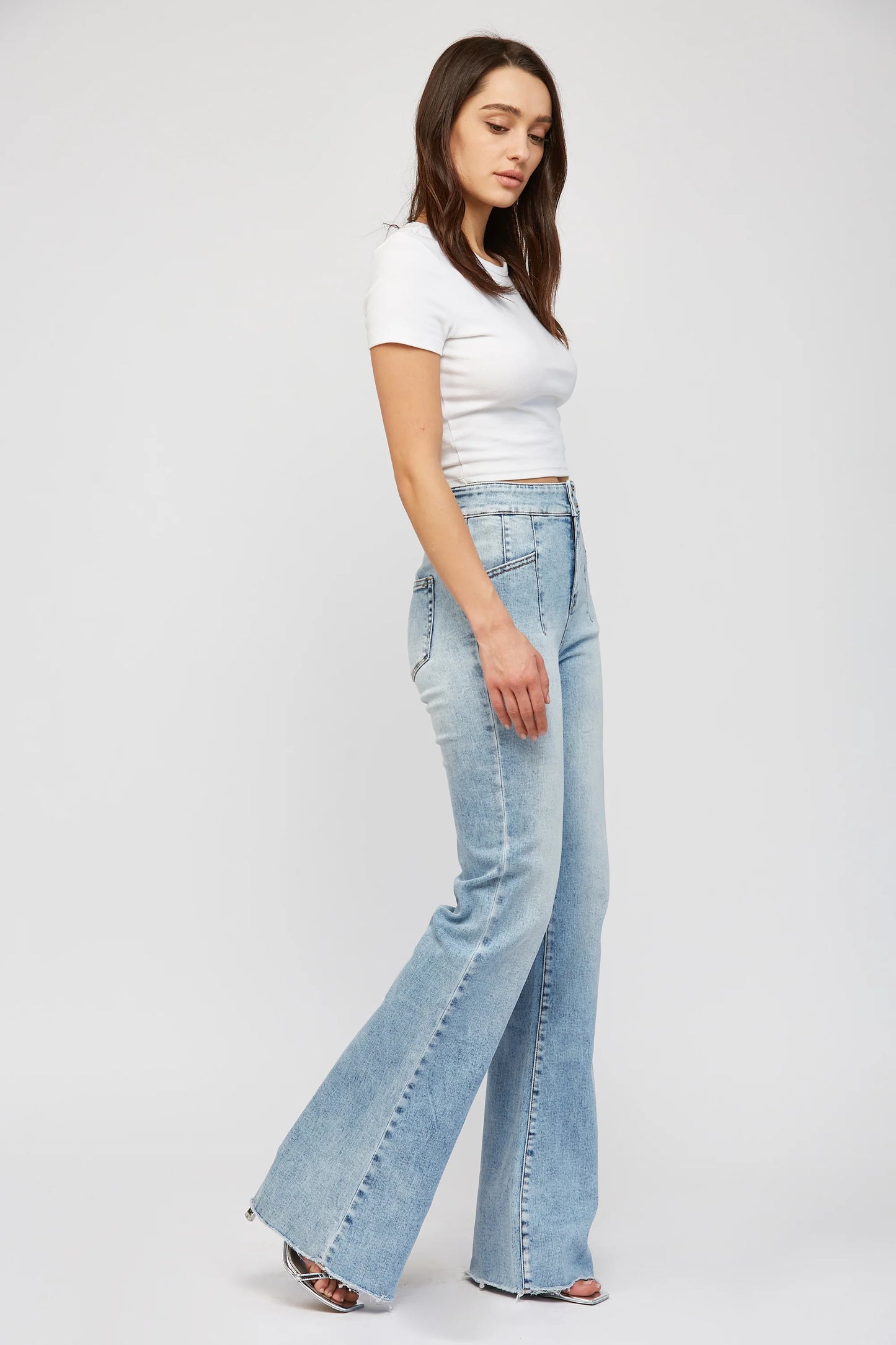 Ladies Mica Denim Super High Rise Relaxed Flare Jean With Double Button-Patricks Blue