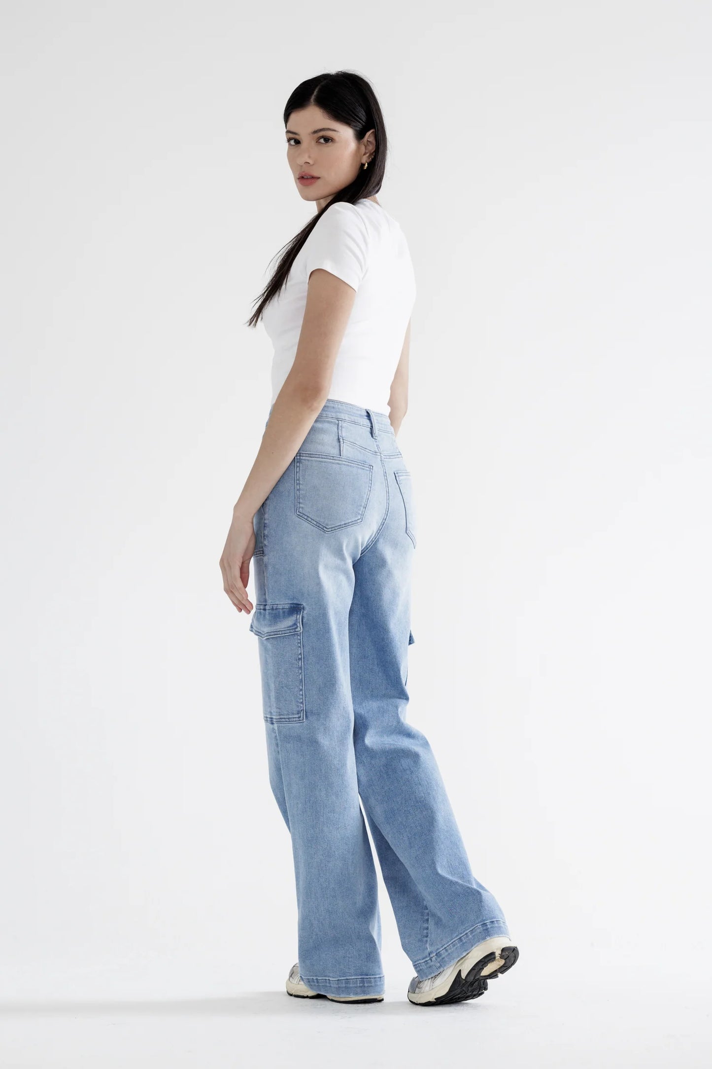 Ladies Mica Denim Super High Rise Wide Cargo Jeans - Lowes Blue