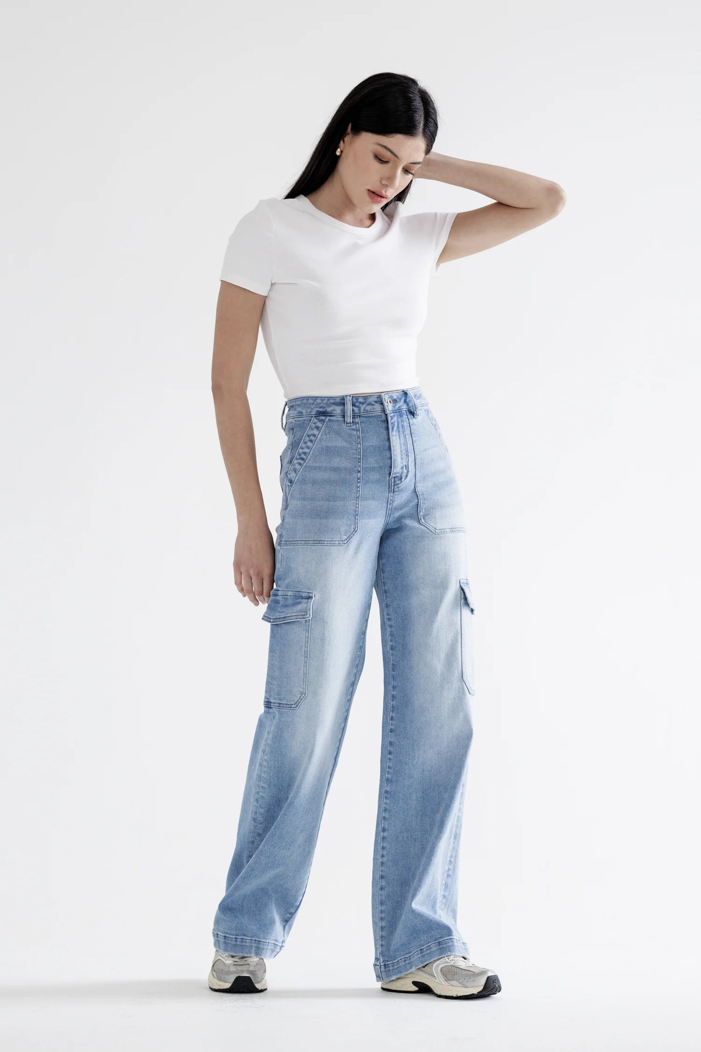 Ladies Mica Denim Super High Rise Wide Cargo Jeans - Lowes Blue