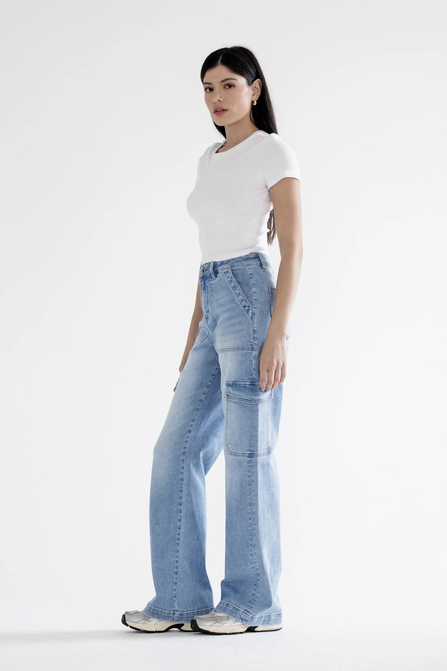 Ladies Mica Denim Super High Rise Wide Cargo Jeans - Lowes Blue