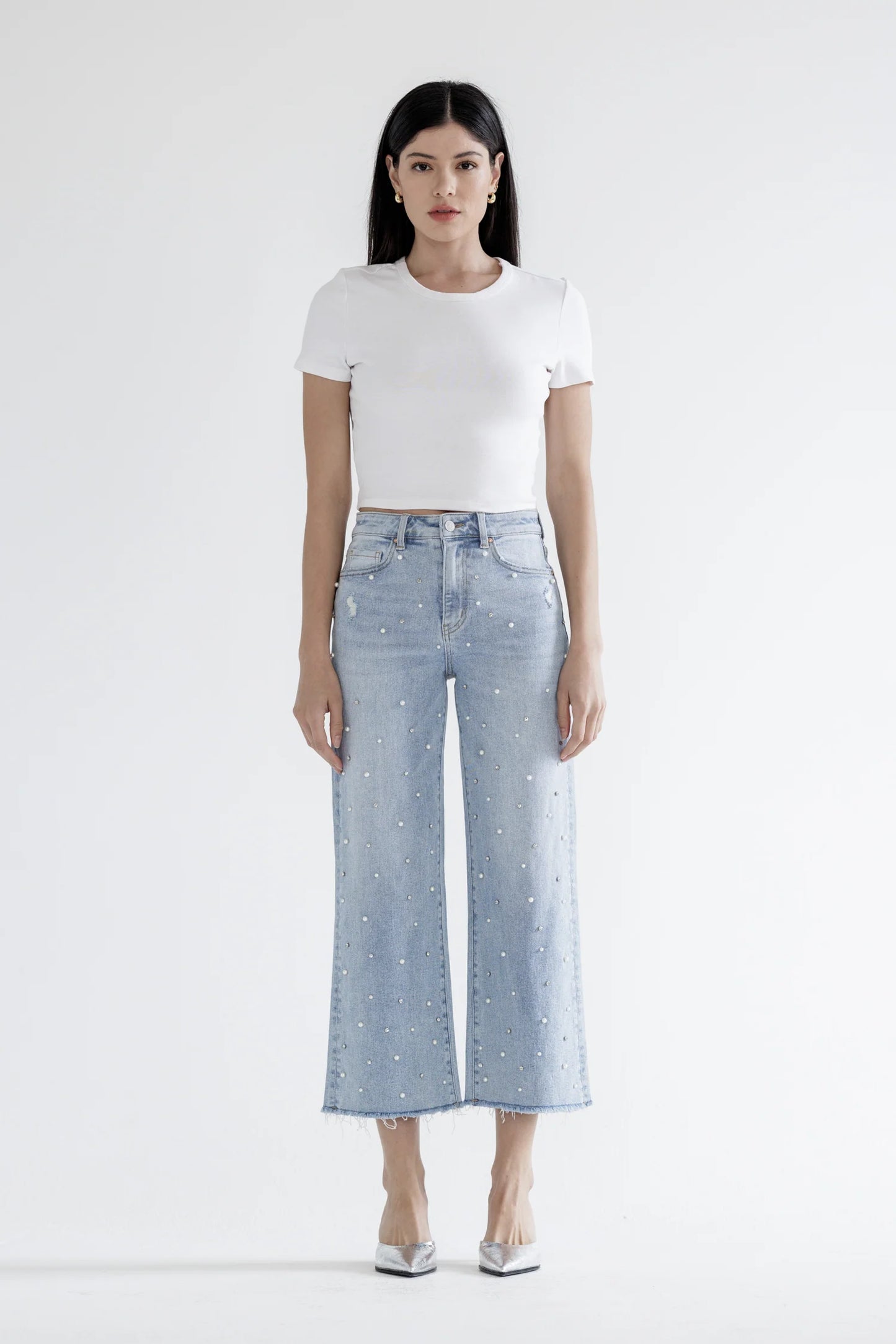 Ladies Mica Denim High Rise Wide Leg Jeans With Jeweled Embellishments
