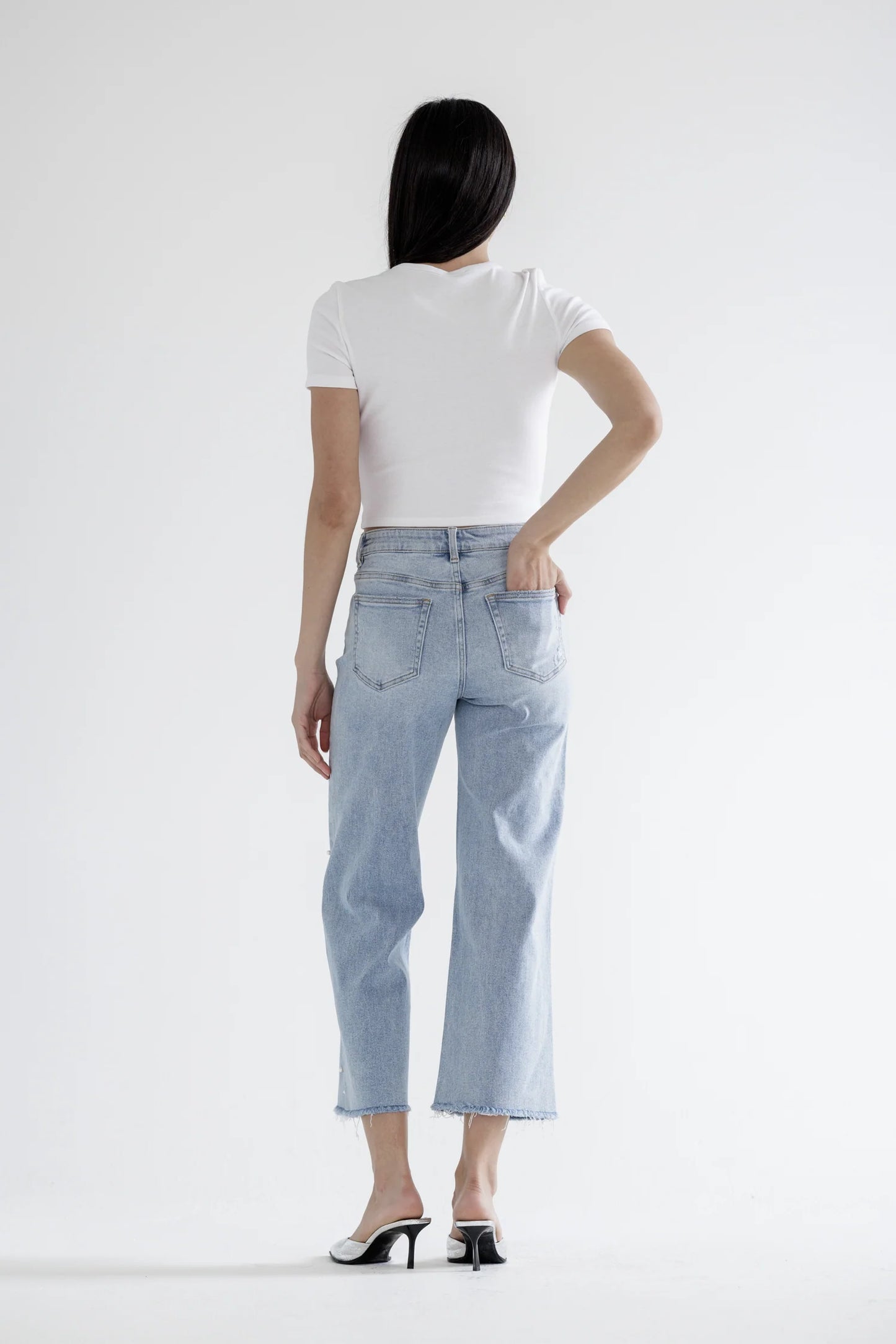 Ladies Mica Denim High Rise Wide Leg Jeans With Jeweled Embellishments