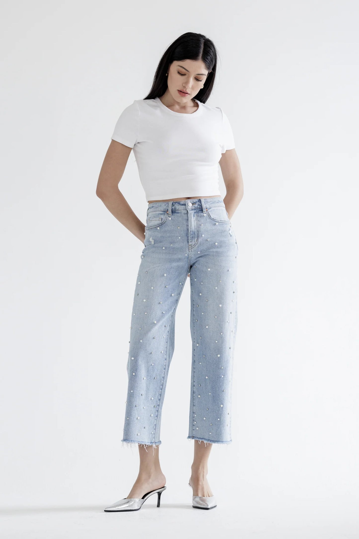 Ladies Mica Denim High Rise Wide Leg Jeans With Jeweled Embellishments