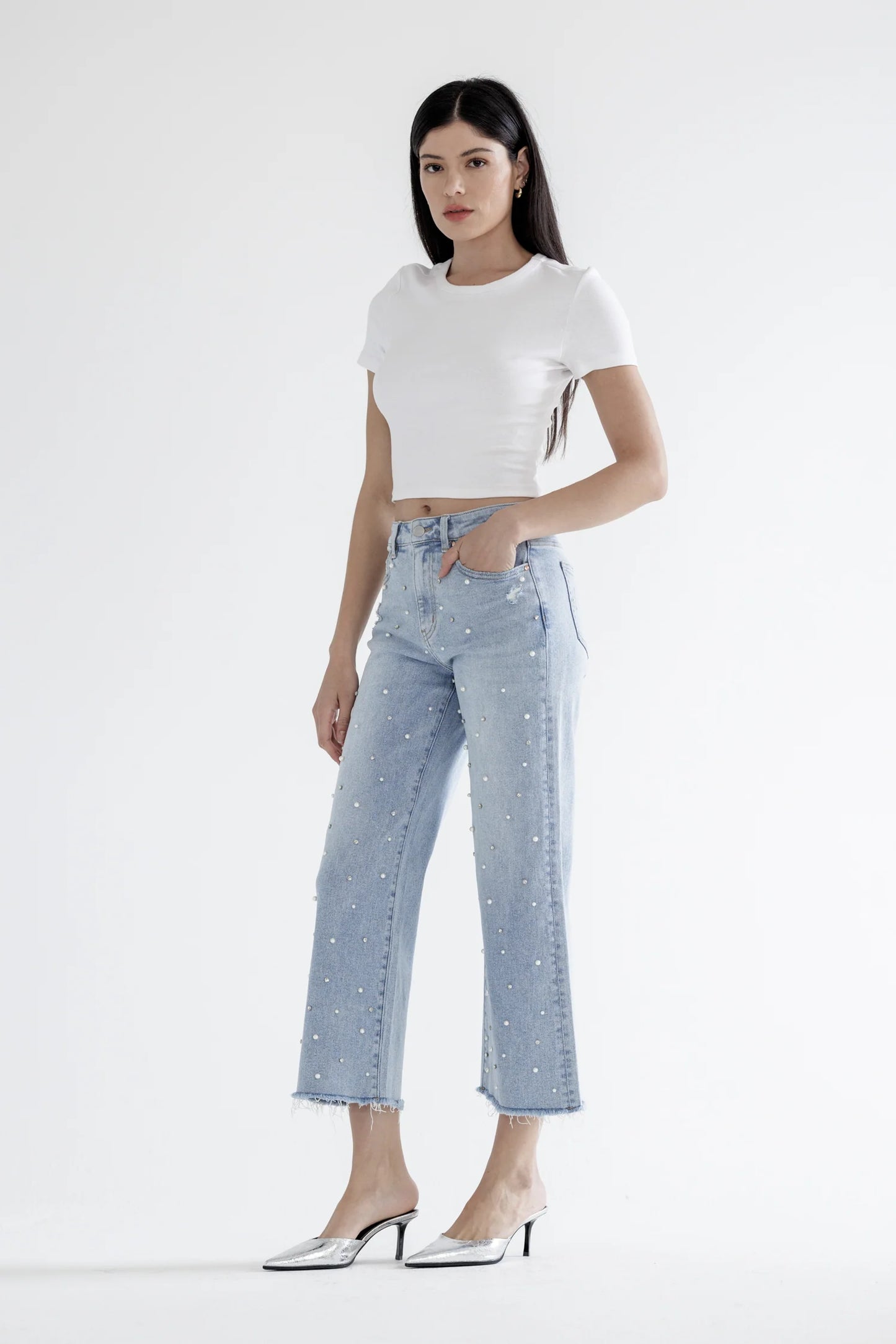 Ladies Mica Denim High Rise Wide Leg Jeans With Jeweled Embellishments
