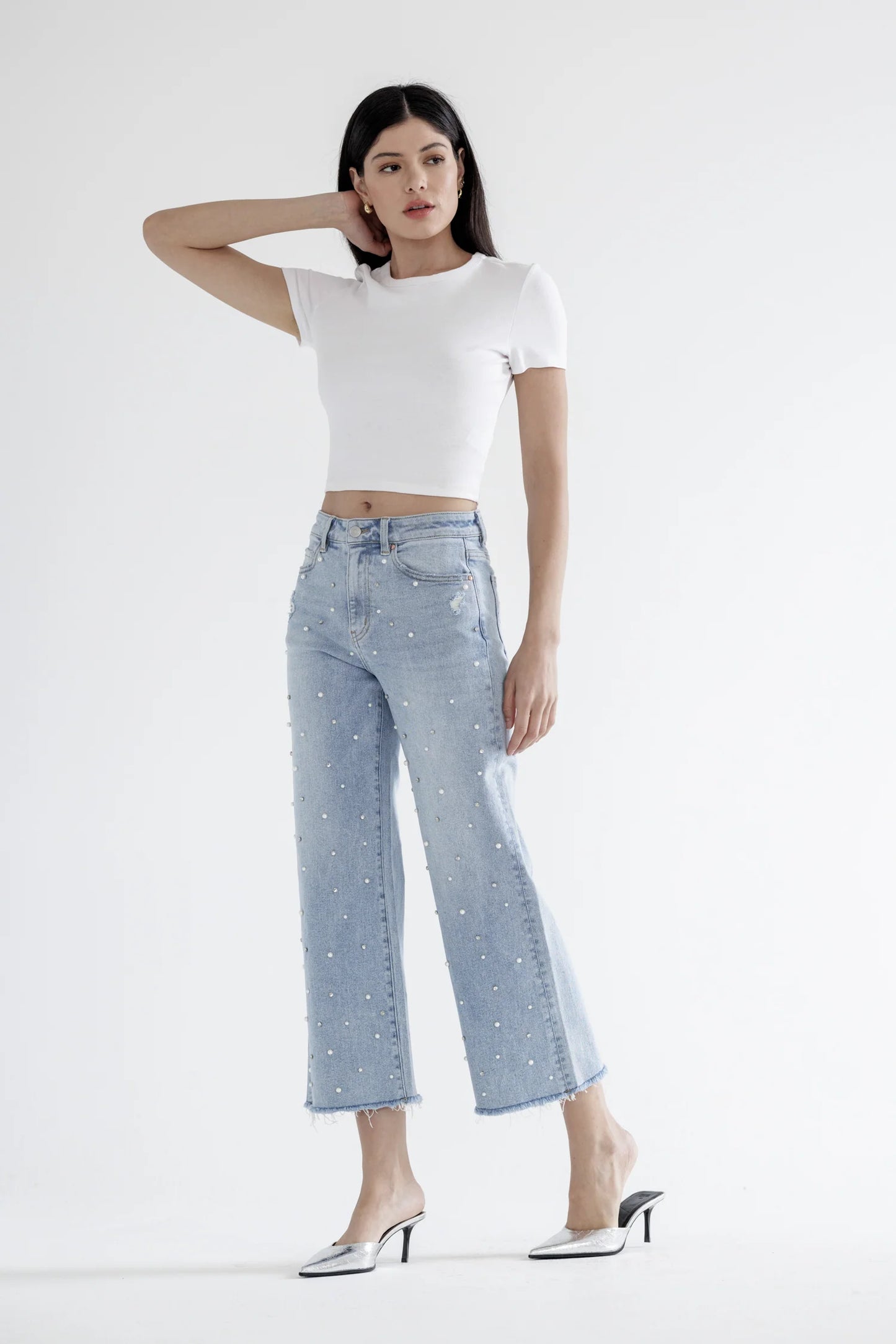 Ladies Mica Denim High Rise Wide Leg Jeans With Jeweled Embellishments