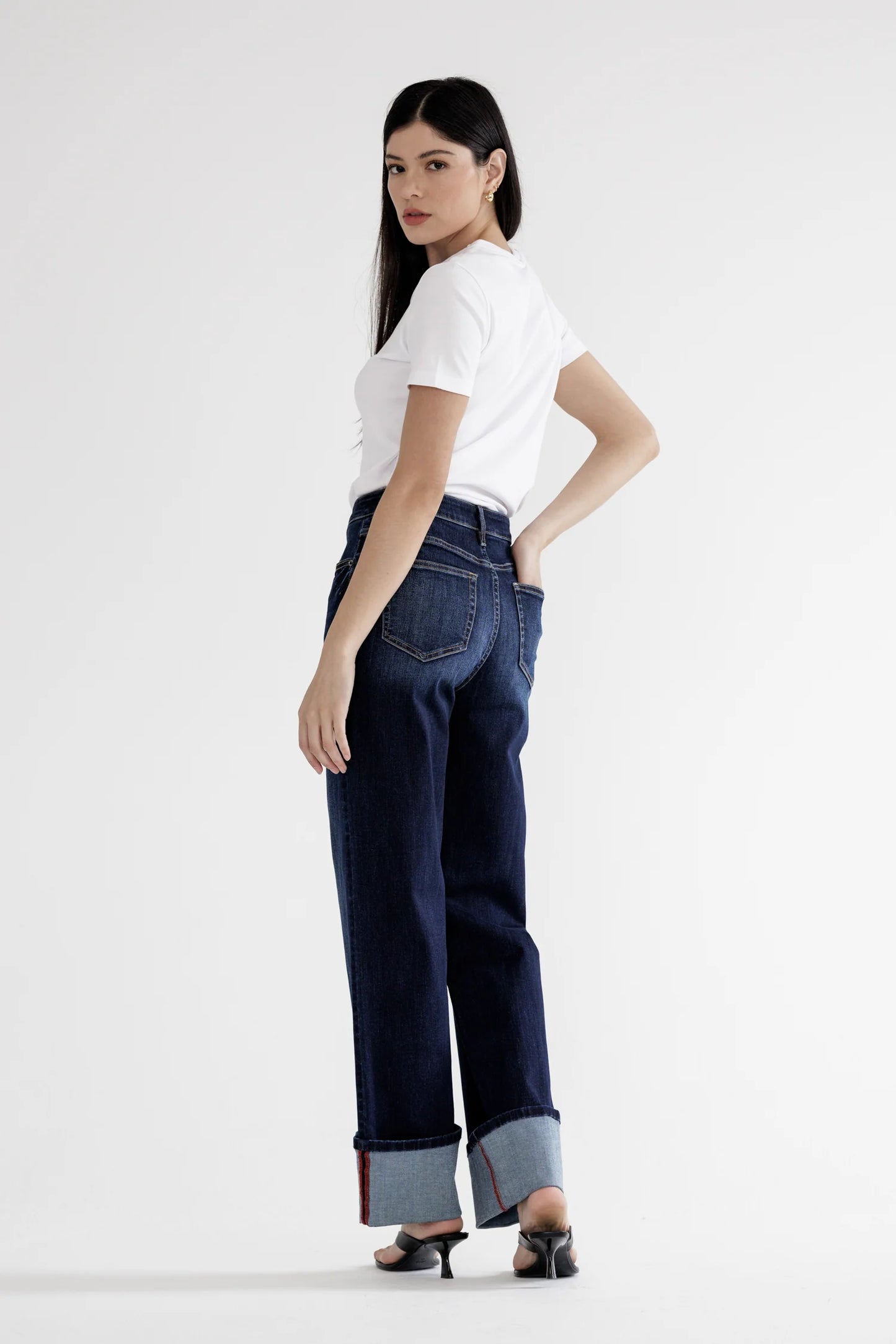 Ladies Mica Denim High Rise Wide Leg Jeans with Cuff Hem - Blue Whale