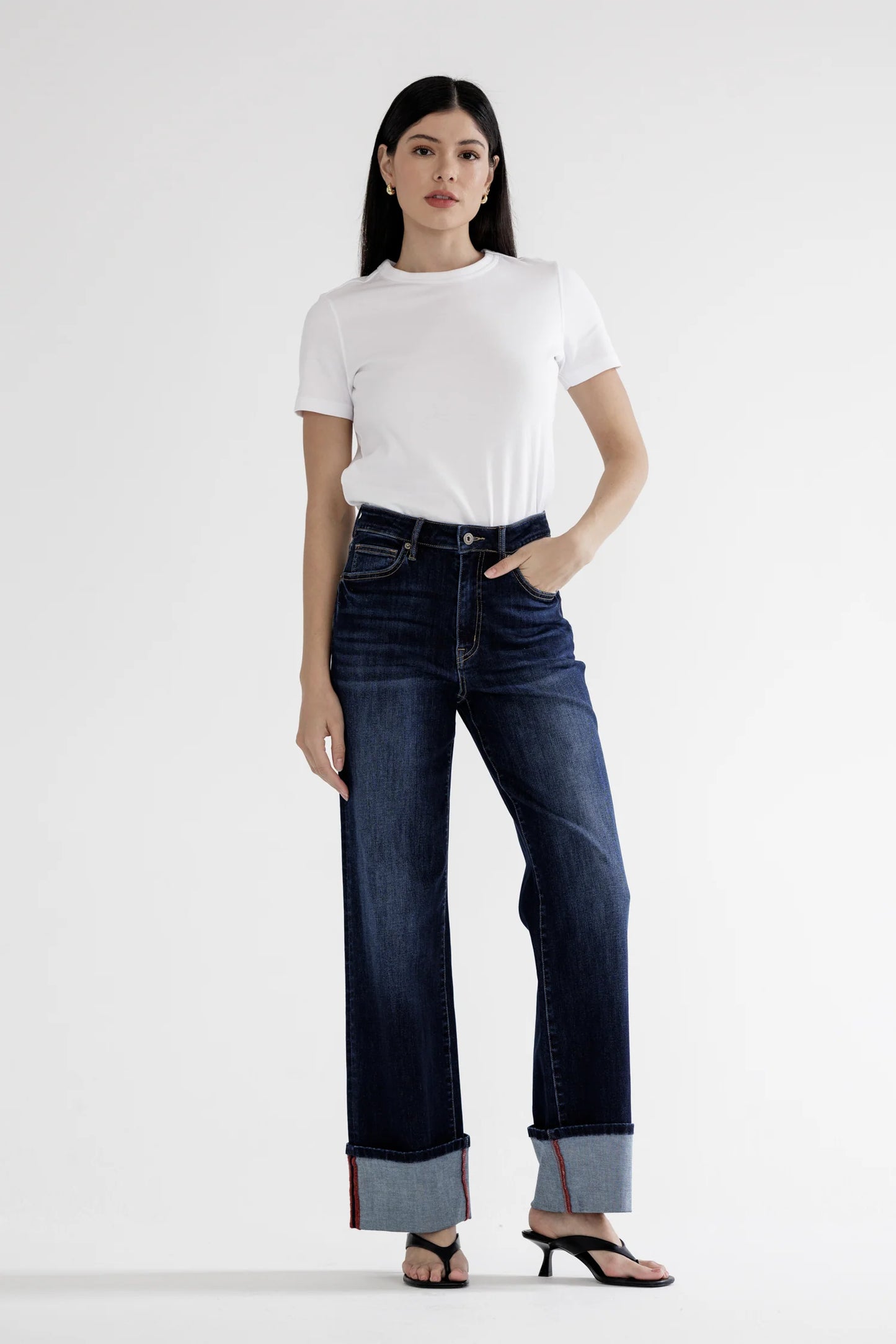Ladies Mica Denim High Rise Wide Leg Jeans with Cuff Hem - Blue Whale