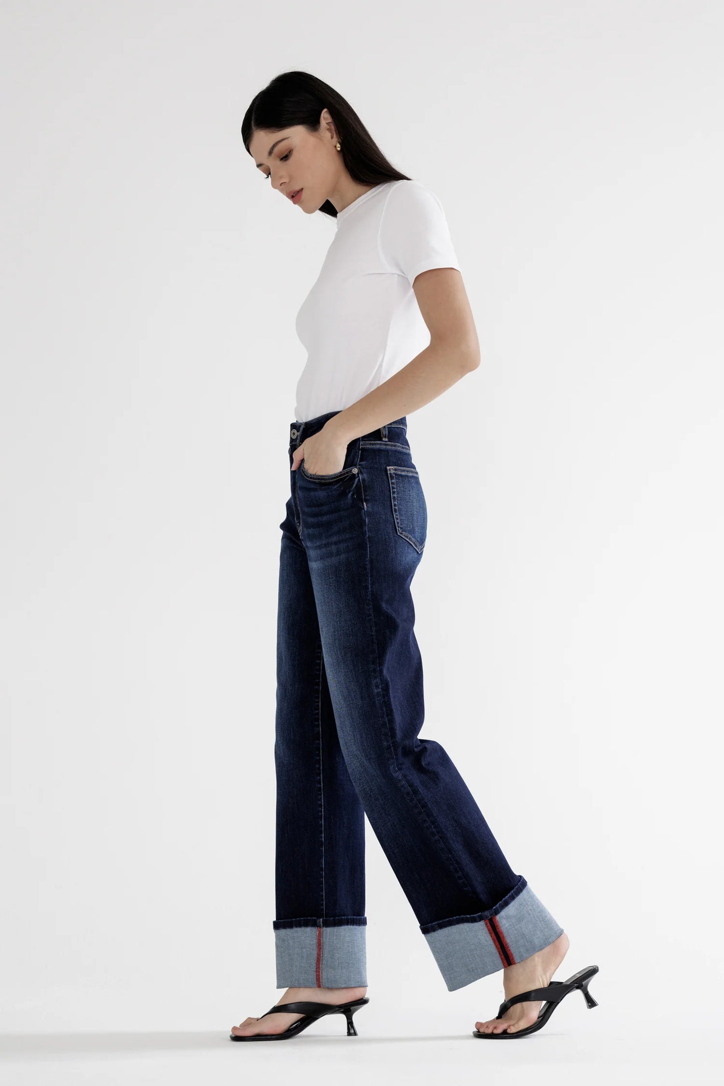 Ladies Mica Denim High Rise Wide Leg Jeans with Cuff Hem - Blue Whale