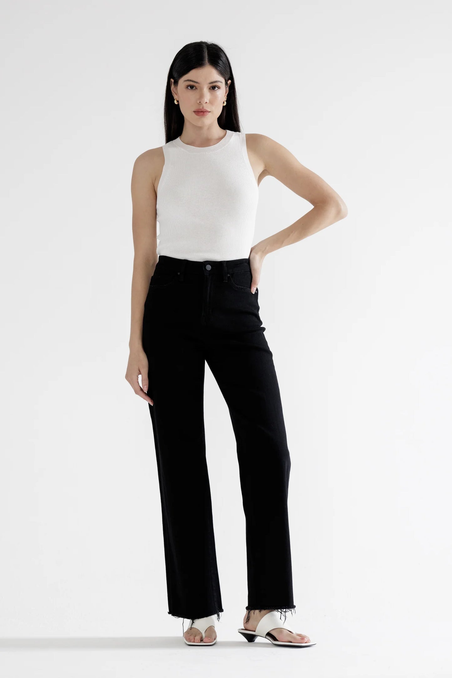 Ladies Mica Denim High Rise Slim Wide Jeans With Raw Hem - Black Cat