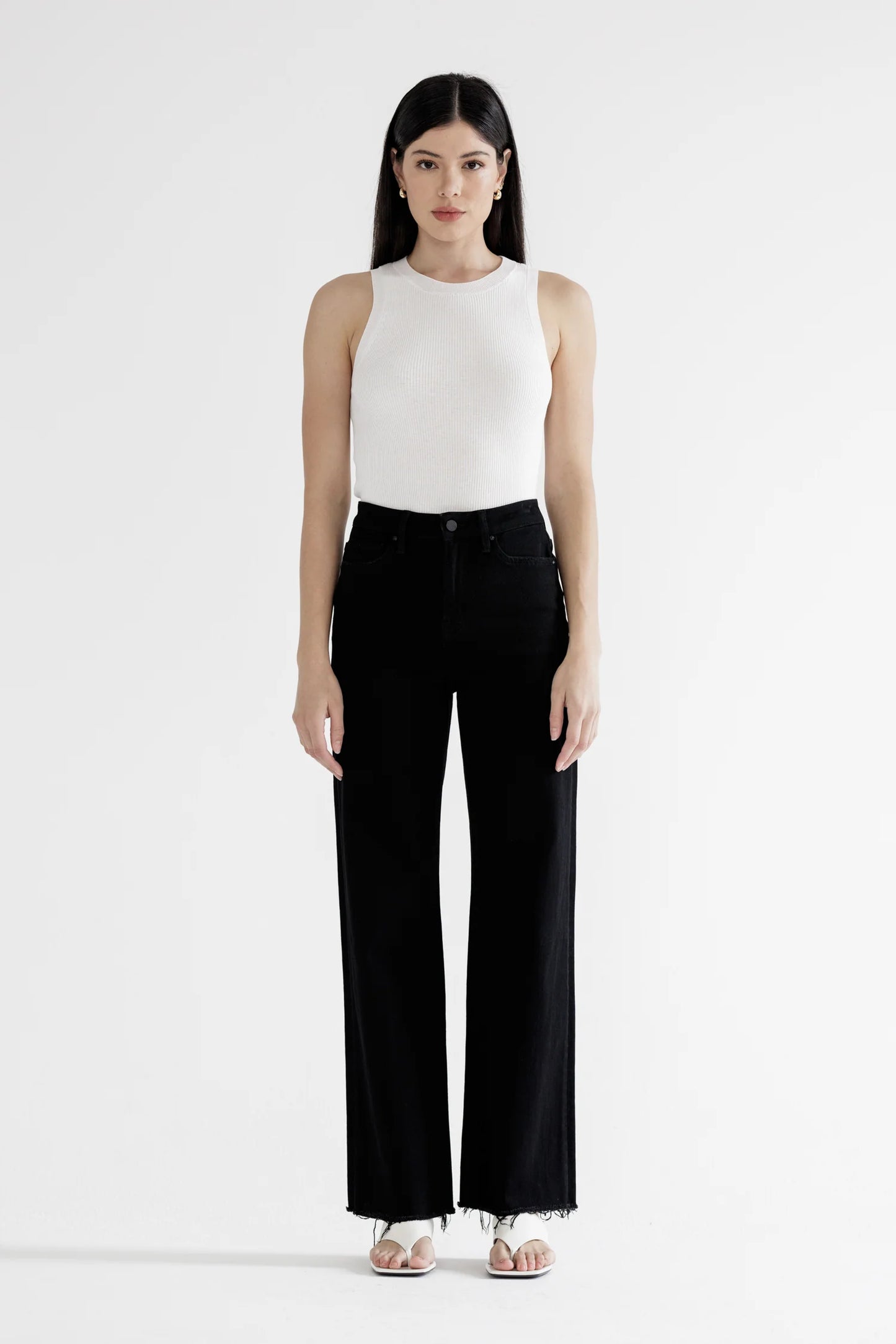Ladies Mica Denim High Rise Slim Wide Jeans With Raw Hem - Black Cat