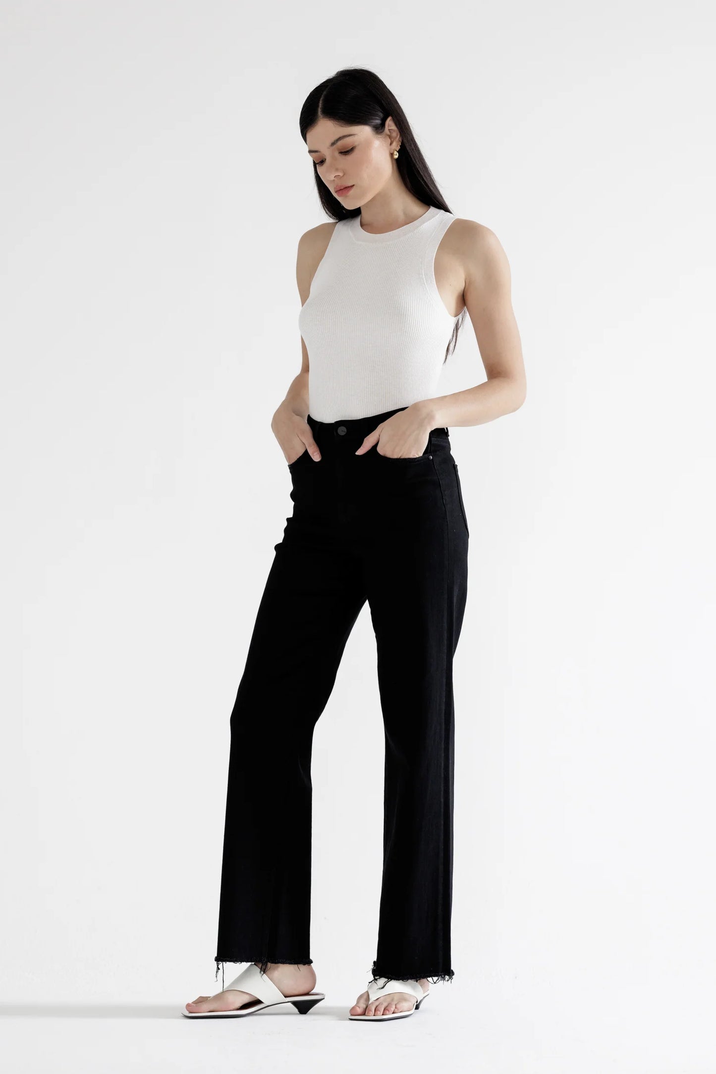 Ladies Mica Denim High Rise Slim Wide Jeans With Raw Hem - Black Cat
