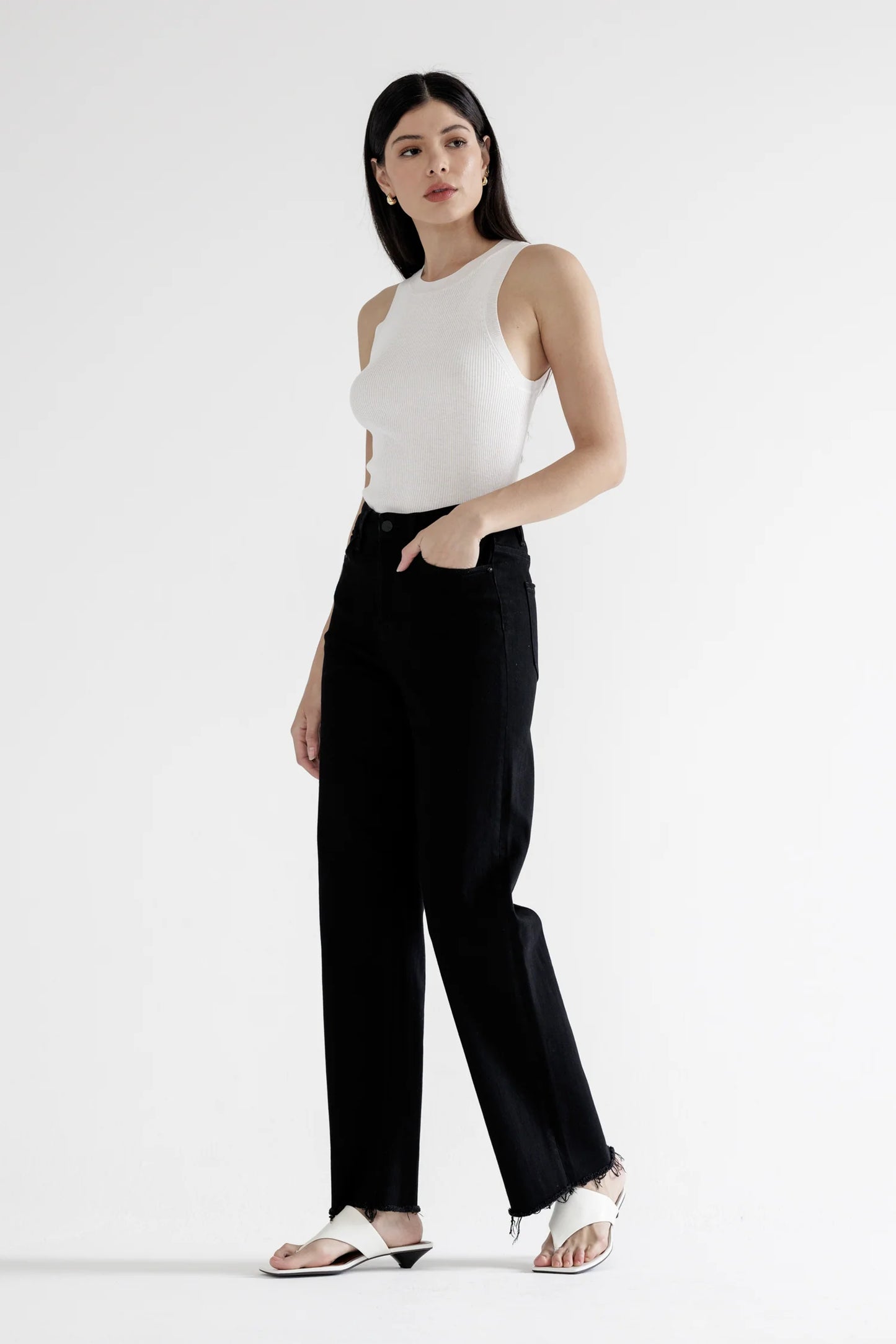 Ladies Mica Denim High Rise Slim Wide Jeans With Raw Hem - Black Cat