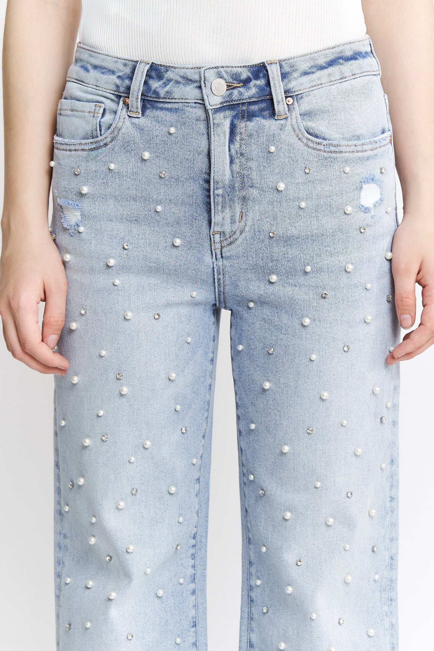 Ladies Mica Denim High Rise Wide Leg Jeans With Jeweled Embellishments-Long