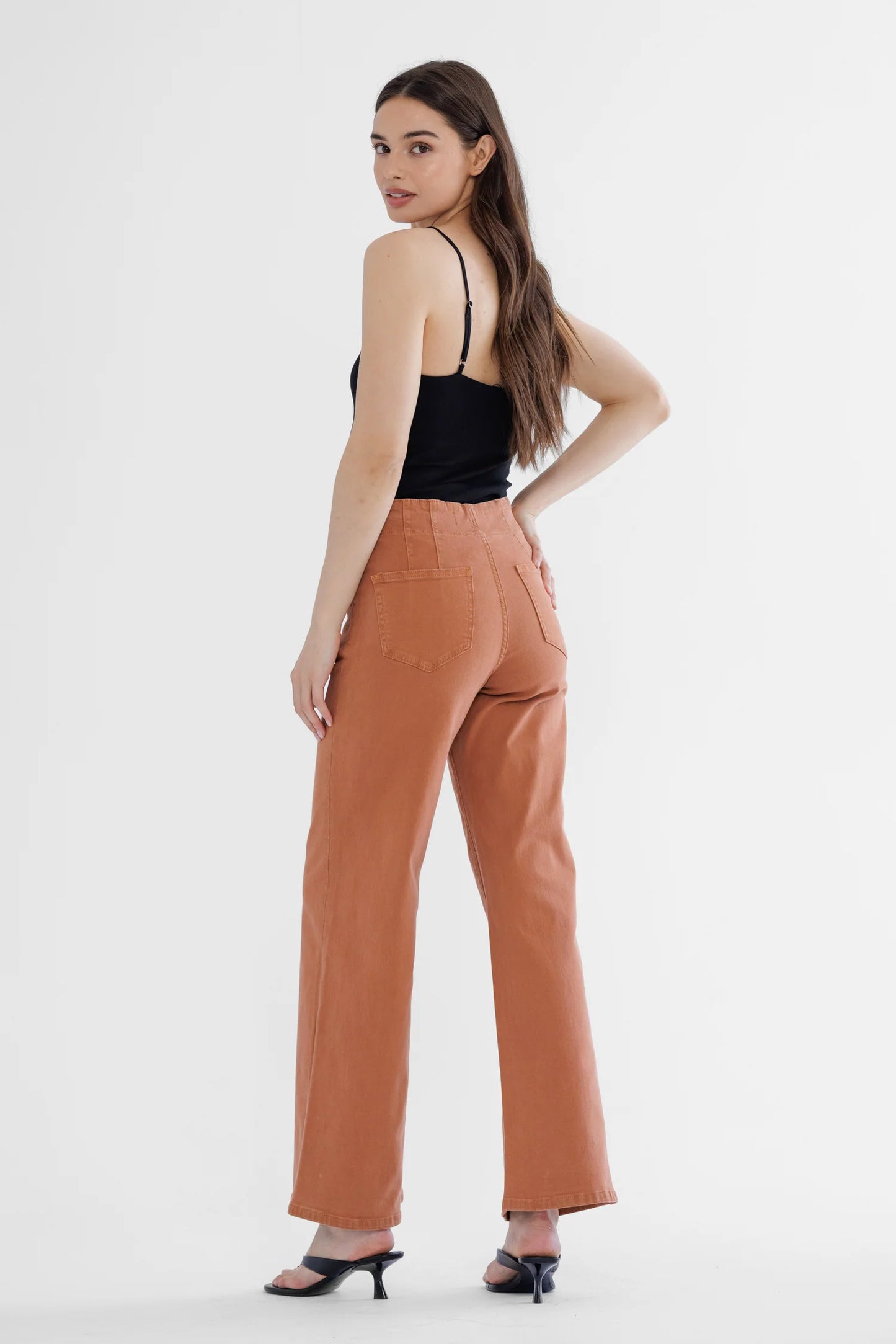 Ladies Mica Denim High-Rise Wide Leg Pants-Cinnamon