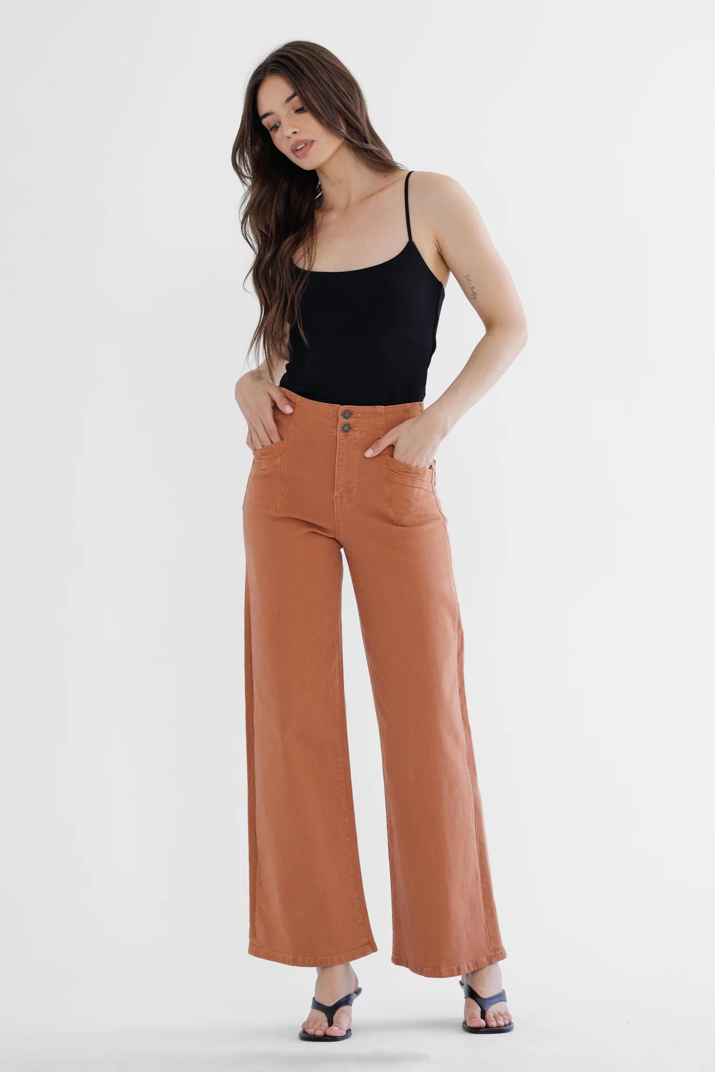 Ladies Mica Denim High-Rise Wide Leg Pants-Cinnamon