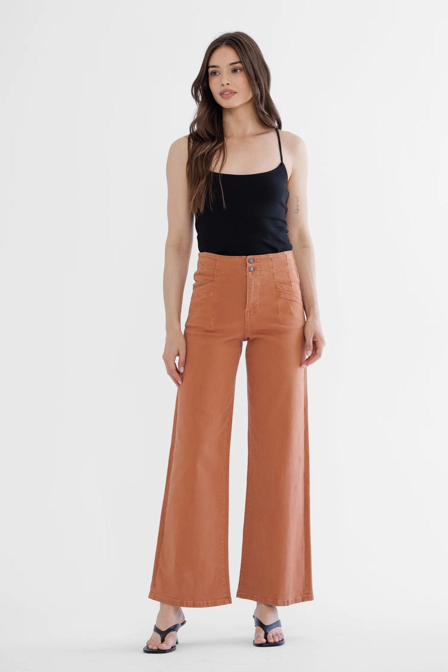 Ladies Mica Denim High-Rise Wide Leg Pants-Cinnamon