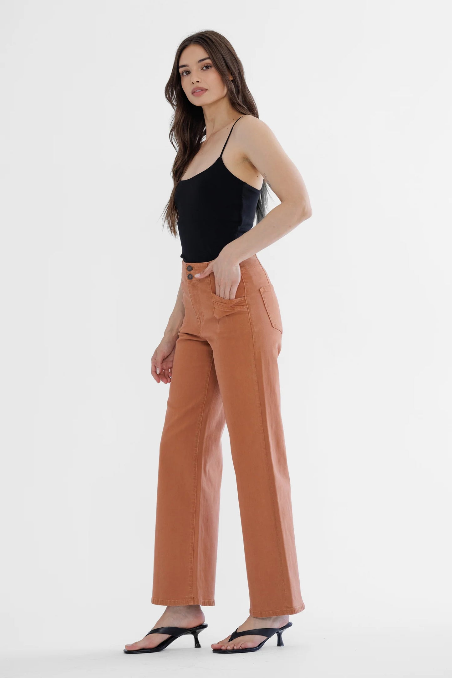 Ladies Mica Denim High-Rise Wide Leg Pants-Cinnamon