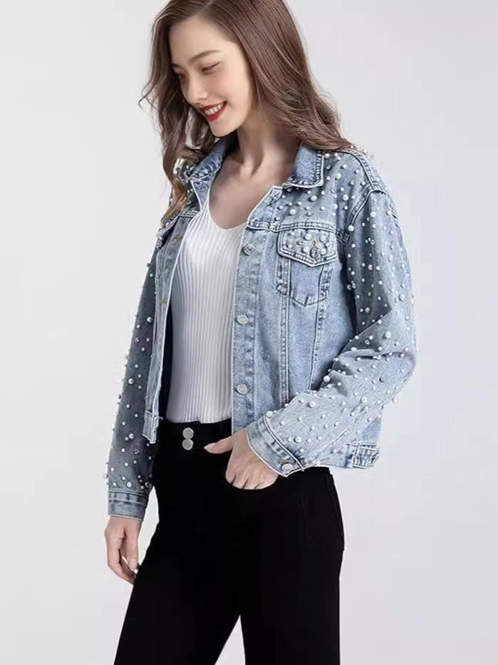 Ladies Casual Denim Jacket with Pearl Rhinestone Accents-Light Blue