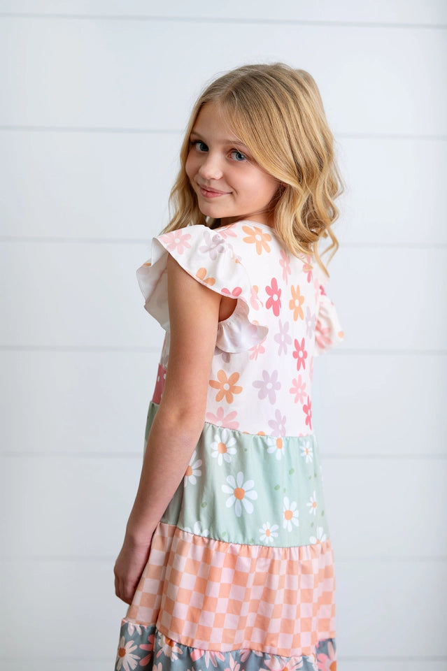 Girls Daisy & Checkered Tiered Spring Easter Summer Dress