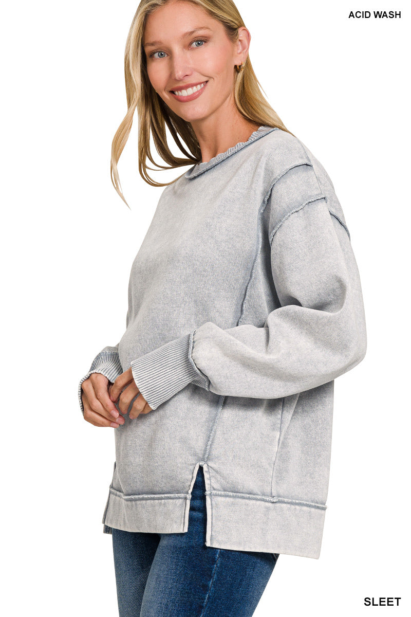 Ladies Acid Wash Exposed Seam Fleece Sweatshirt-Sleet