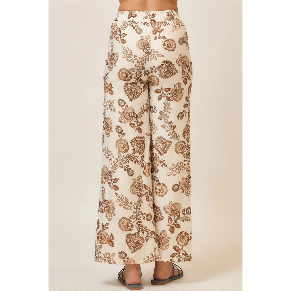 Ladies Floral Print Wide Leg Pants-Natural