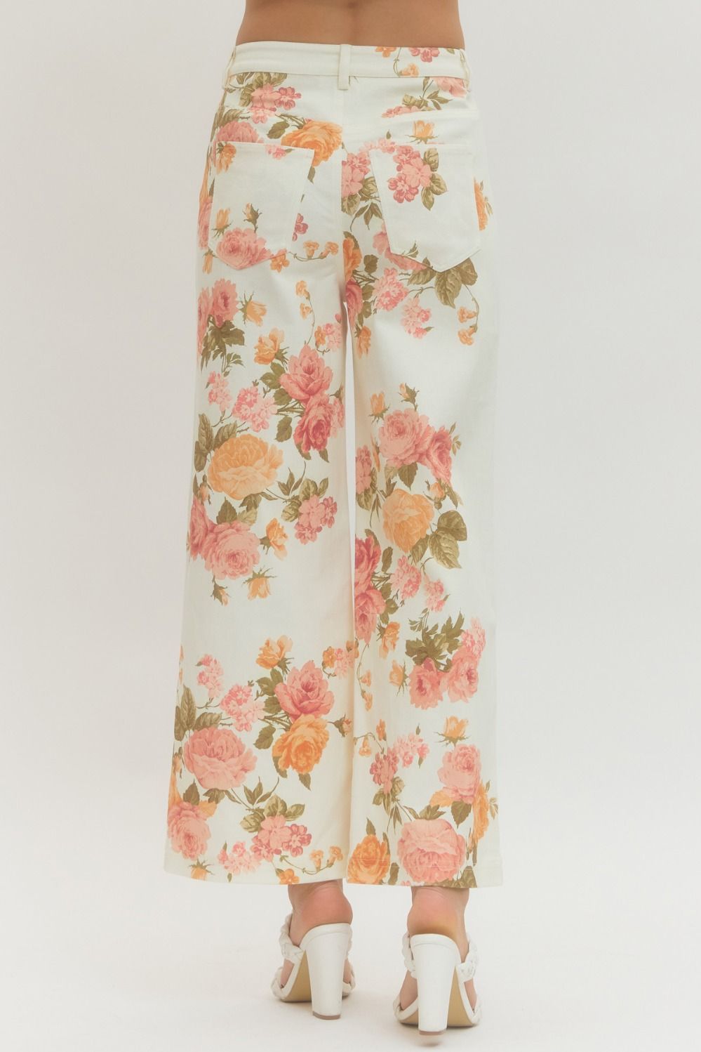 Ladies Floral Print Wide-Leg Pants by Entro-Ecru