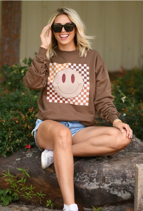 Ladies Fall Checkered Smiley Sweatshirt by P&PD - Brown