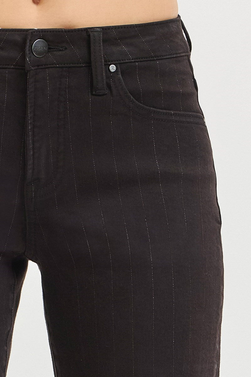 Ladies High Rise Straight Lurex Stripe Pants-Black