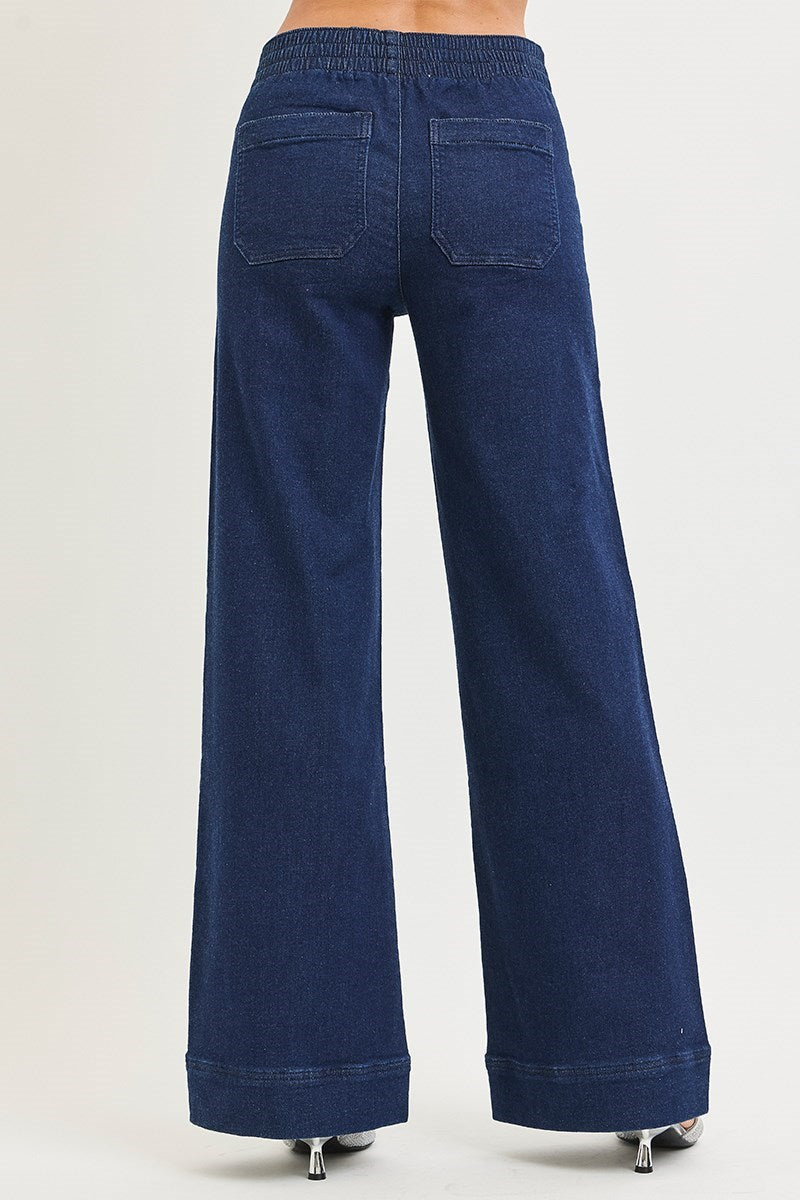 Ladies Elastic Band High Rise Wide Jeans with Patch Pockets by Risen Jeans-Solid Dark