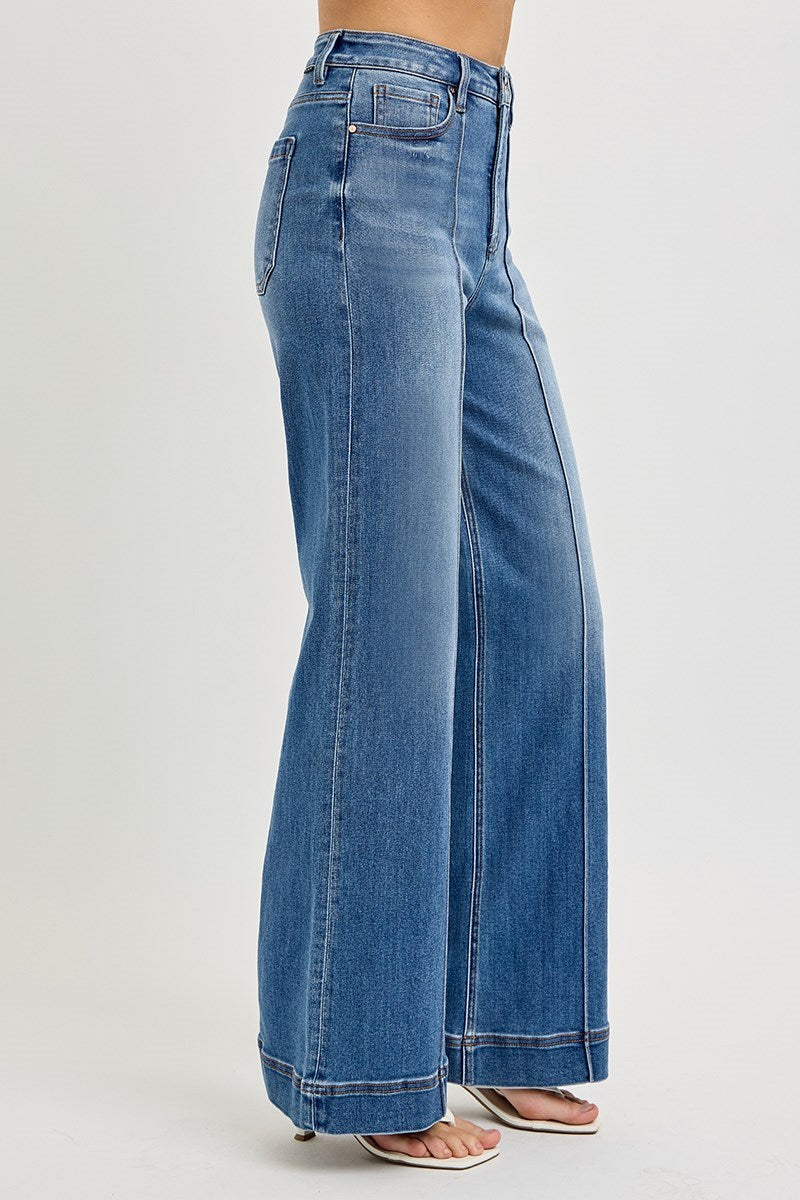 Ladies Tummy Control High Rise Ankle Wide Front Pintuck Jeans by Risen Jeans-Medium