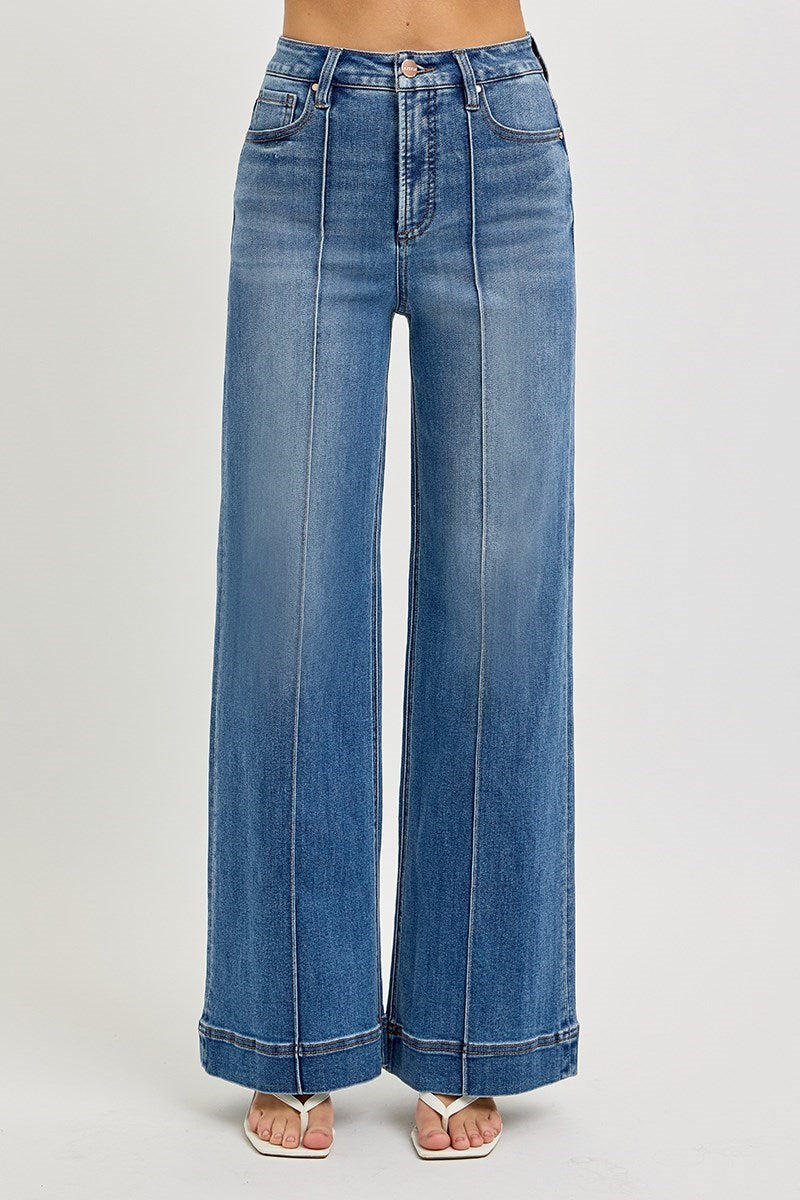 Ladies Tummy Control High Rise Ankle Wide Front Pintuck Jeans by Risen Jeans-Medium