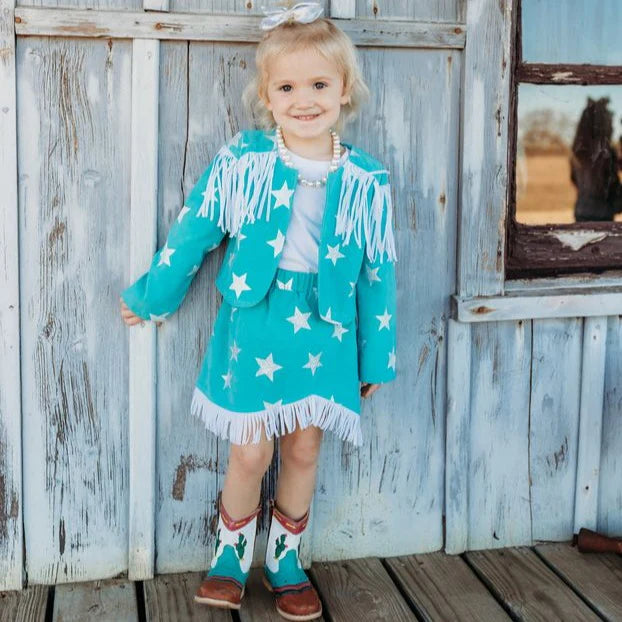 Girls Star Suede Fringe Turq/White Set by Shea Baby