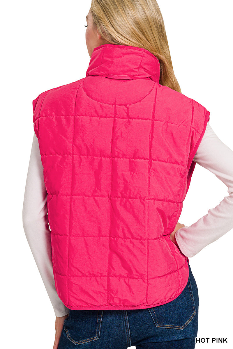 Ladies High Neck Puffer Vest - Hot Pink