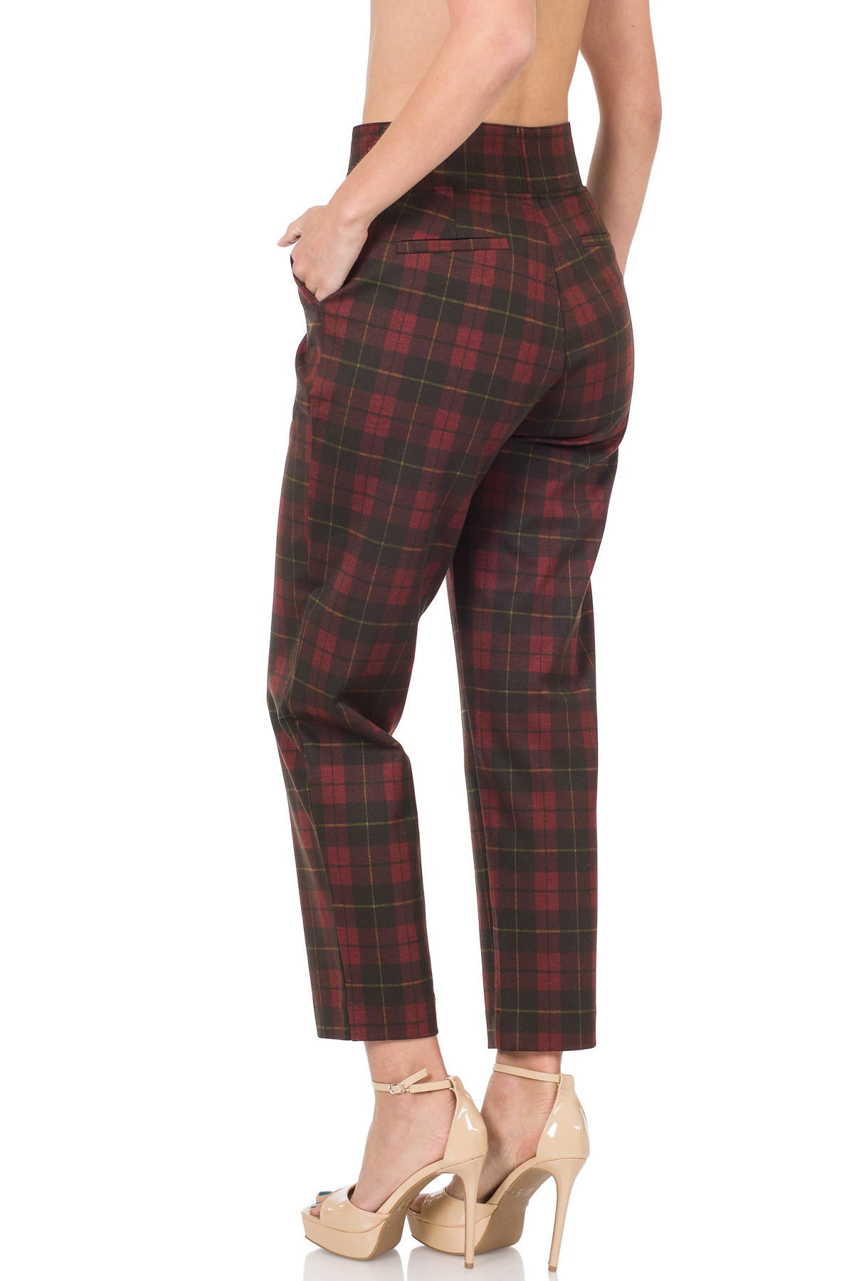 Ladies Zenana Plaid Pull-On Stretch Dress Pants-Burgundy