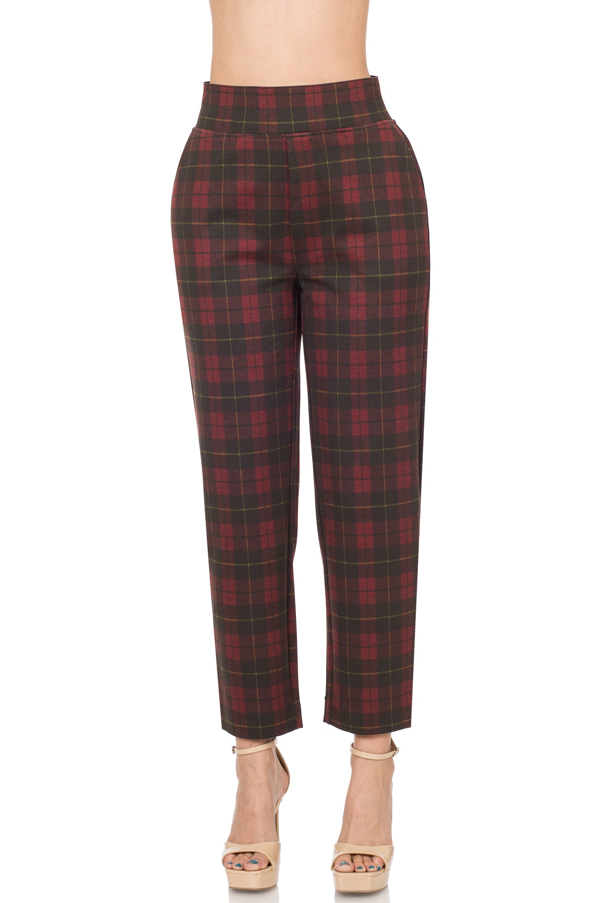 Ladies Zenana Plaid Pull-On Stretch Dress Pants-Burgundy