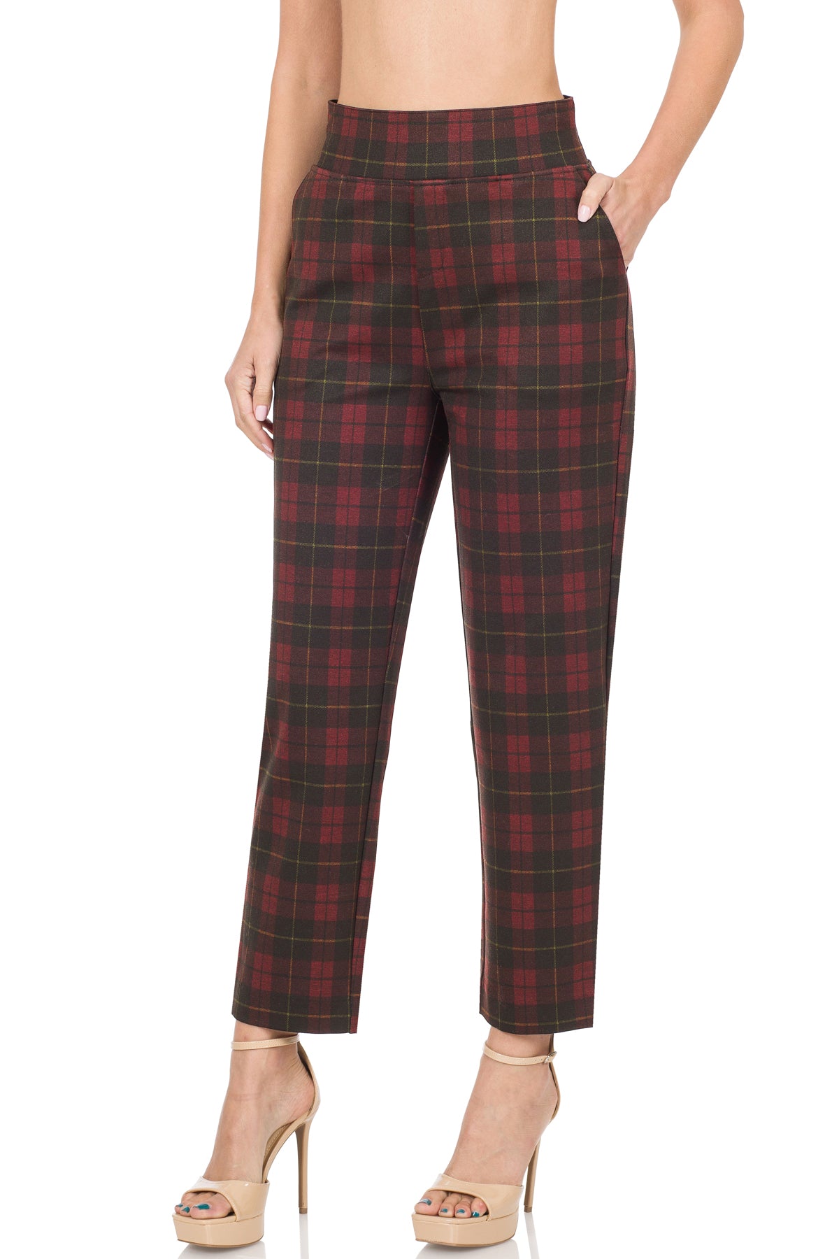 Ladies Zenana Plaid Pull-On Stretch Dress Pants-Burgundy