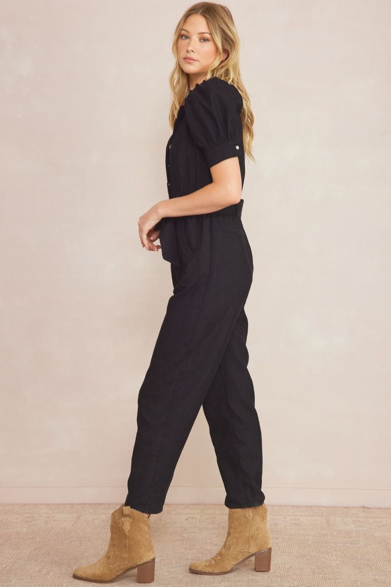 Ladies Corduroy Puff Sleeve Button-Down Jump Suit By Entro- Black