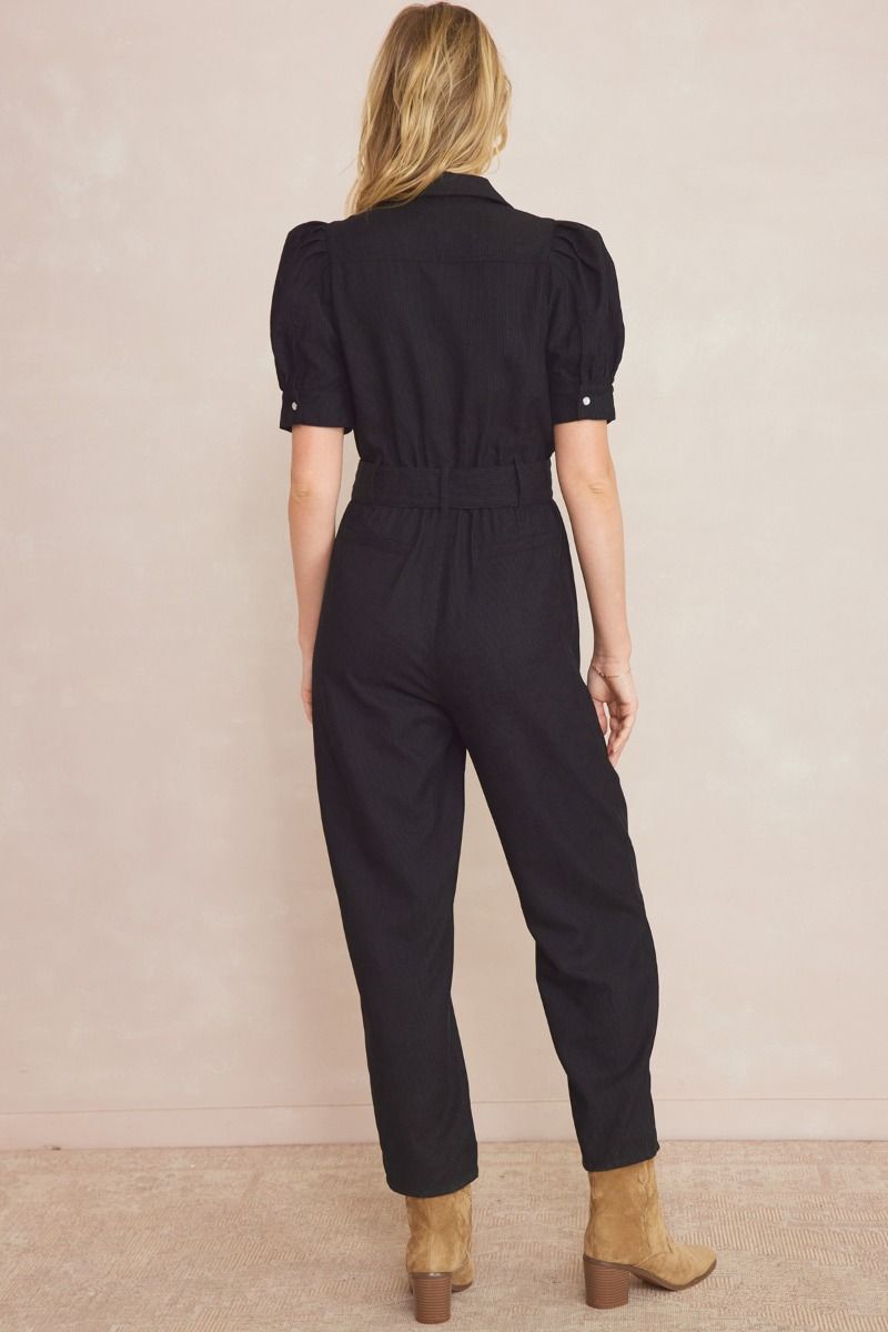 Ladies Corduroy Puff Sleeve Button-Down Jump Suit By Entro- Black
