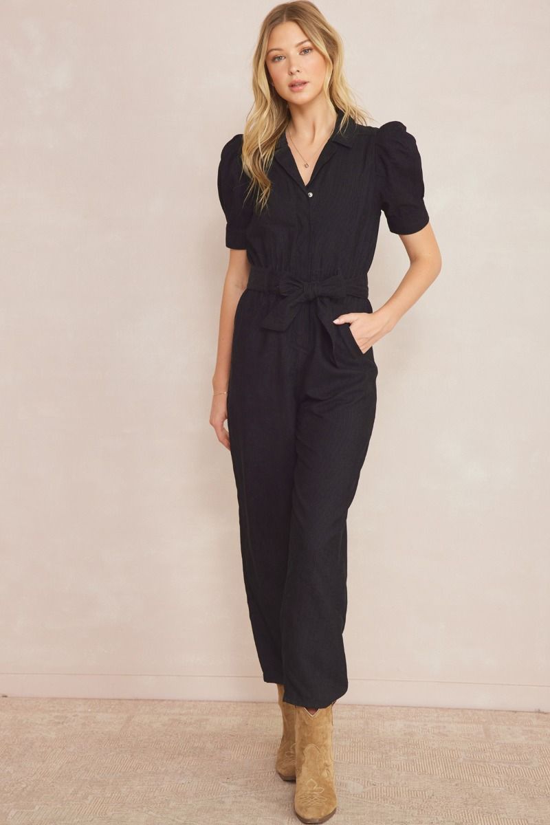 Ladies Corduroy Puff Sleeve Button-Down Jump Suit By Entro- Black