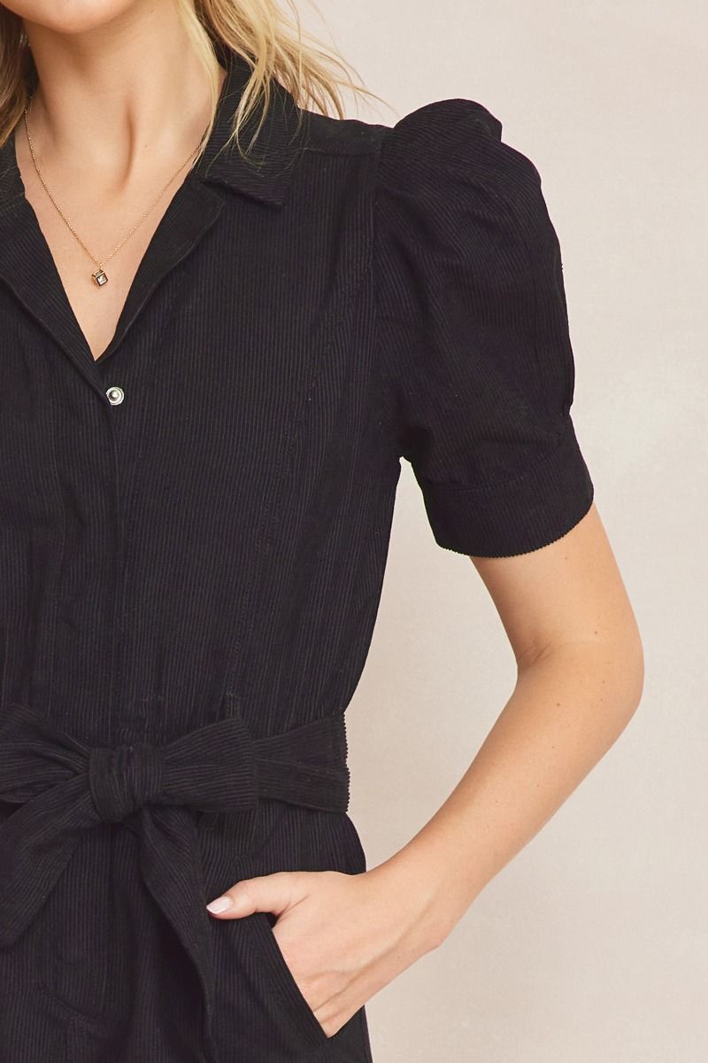 Ladies Corduroy Puff Sleeve Button-Down Jump Suit By Entro- Black