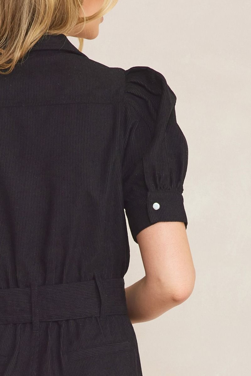 Ladies Corduroy Puff Sleeve Button-Down Jump Suit By Entro- Black