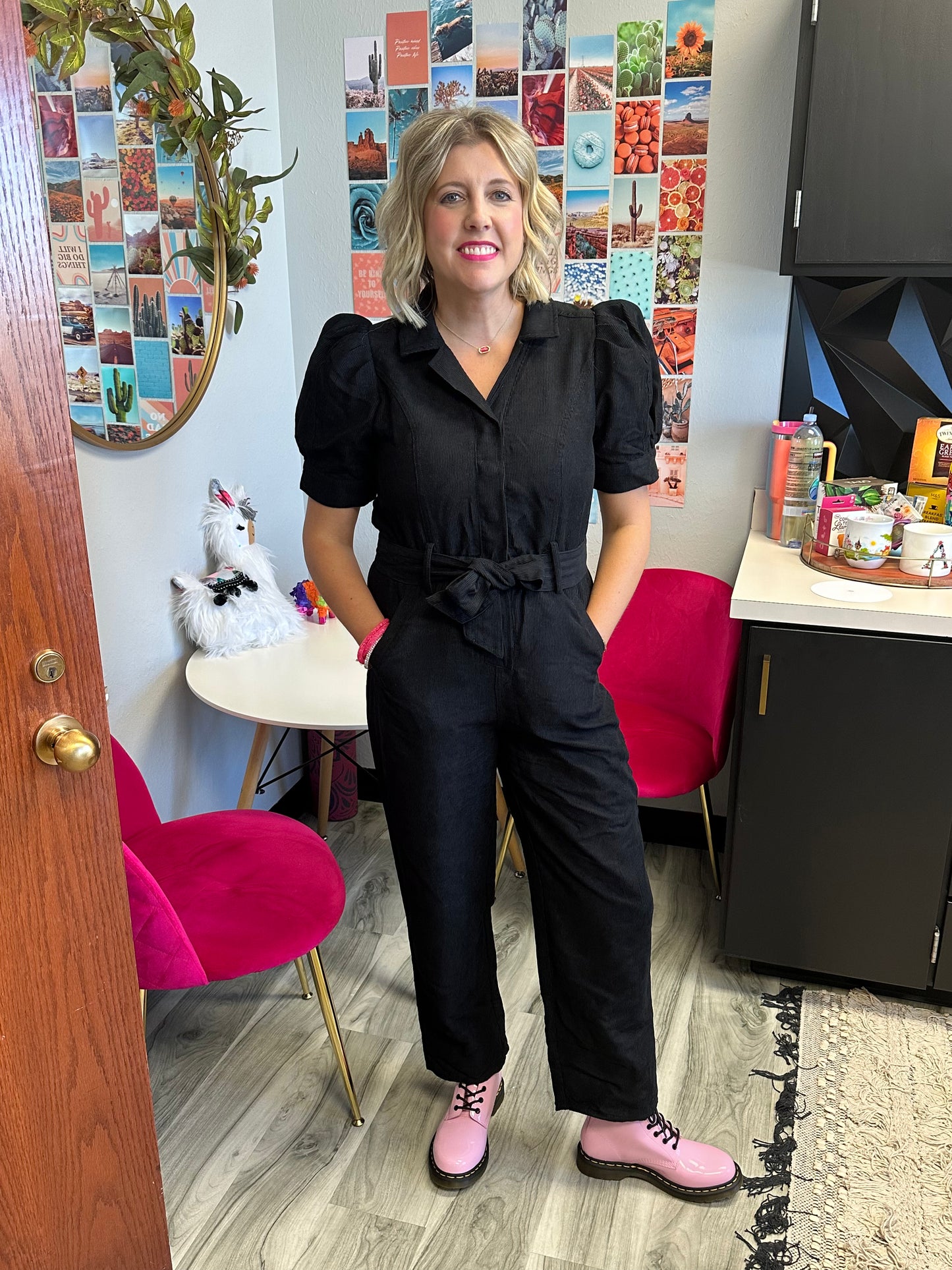 Ladies Corduroy Puff Sleeve Button-Down Jump Suit By Entro- Black