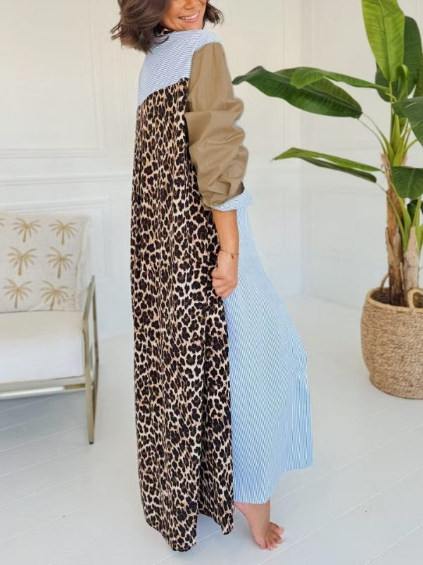 Ladies Casual Leopard Striped Patchwork Maxi Shirt Dress-Blue