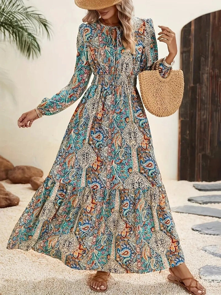 Ladies Print Tie-Up Long-Sleeved Dress-Blue