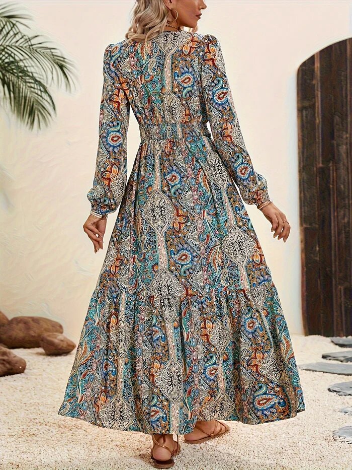 Ladies Print Tie-Up Long-Sleeved Dress-Blue