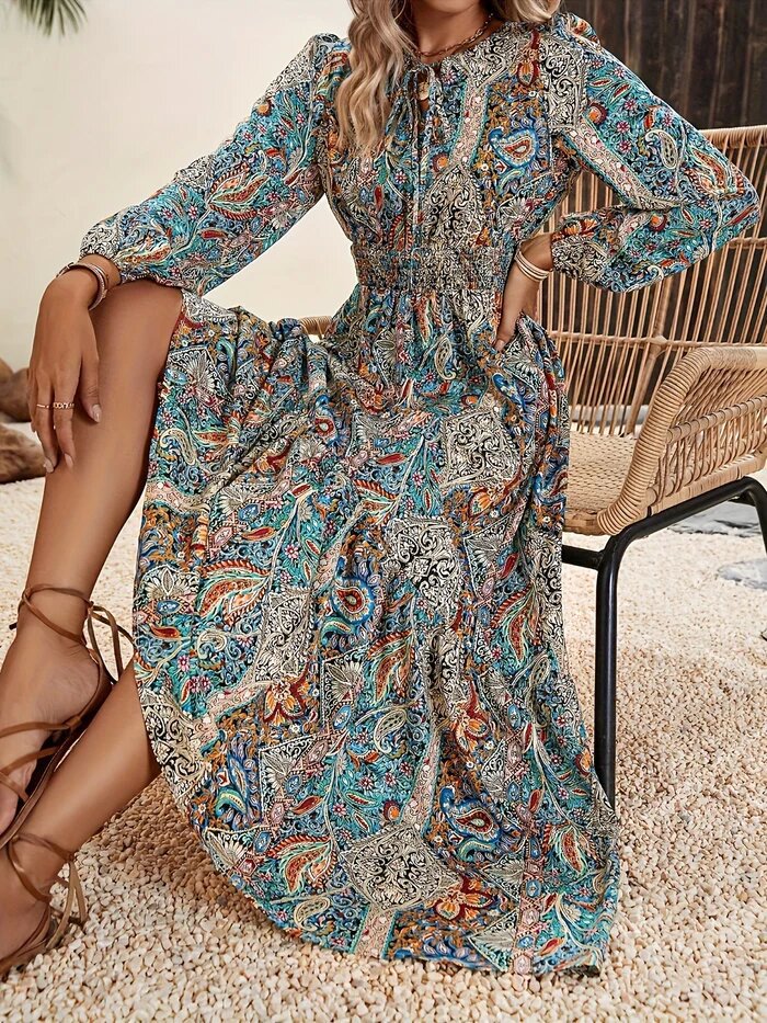 Ladies Print Tie-Up Long-Sleeved Dress-Blue