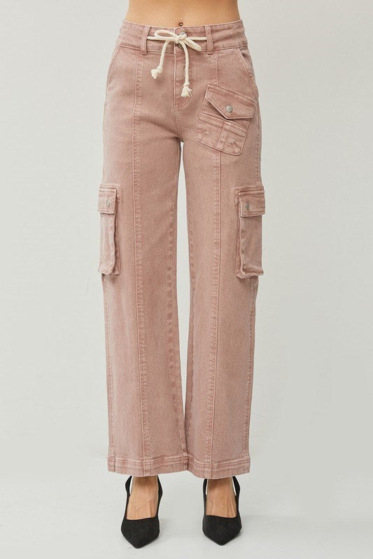 Ladies High Rise Cargo Straight Pants by Risen Jeans-Mauve