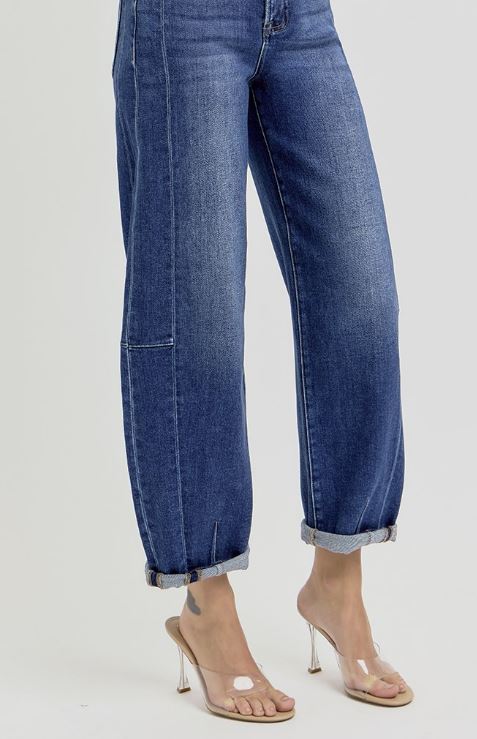 Ladies High Rise Barrel Jeans by Risen Jeans-Dark