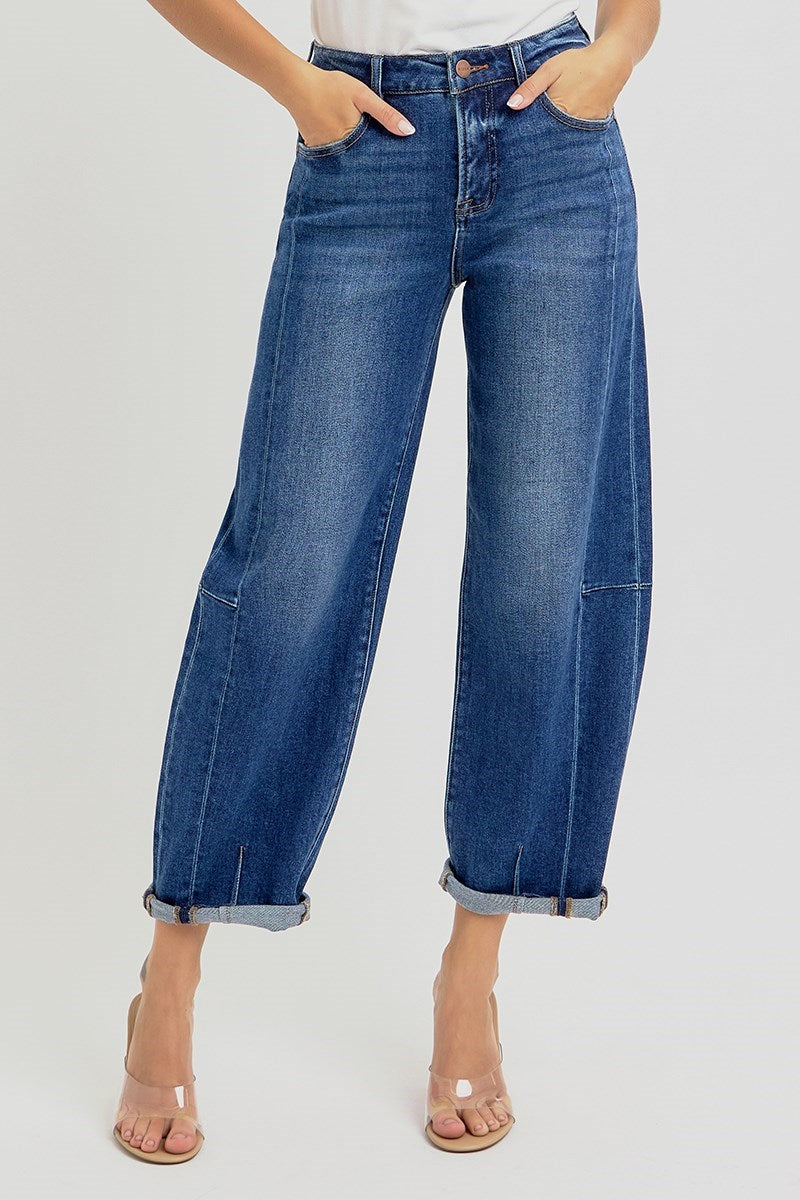 Ladies High Rise Barrel Jeans by Risen Jeans-Dark