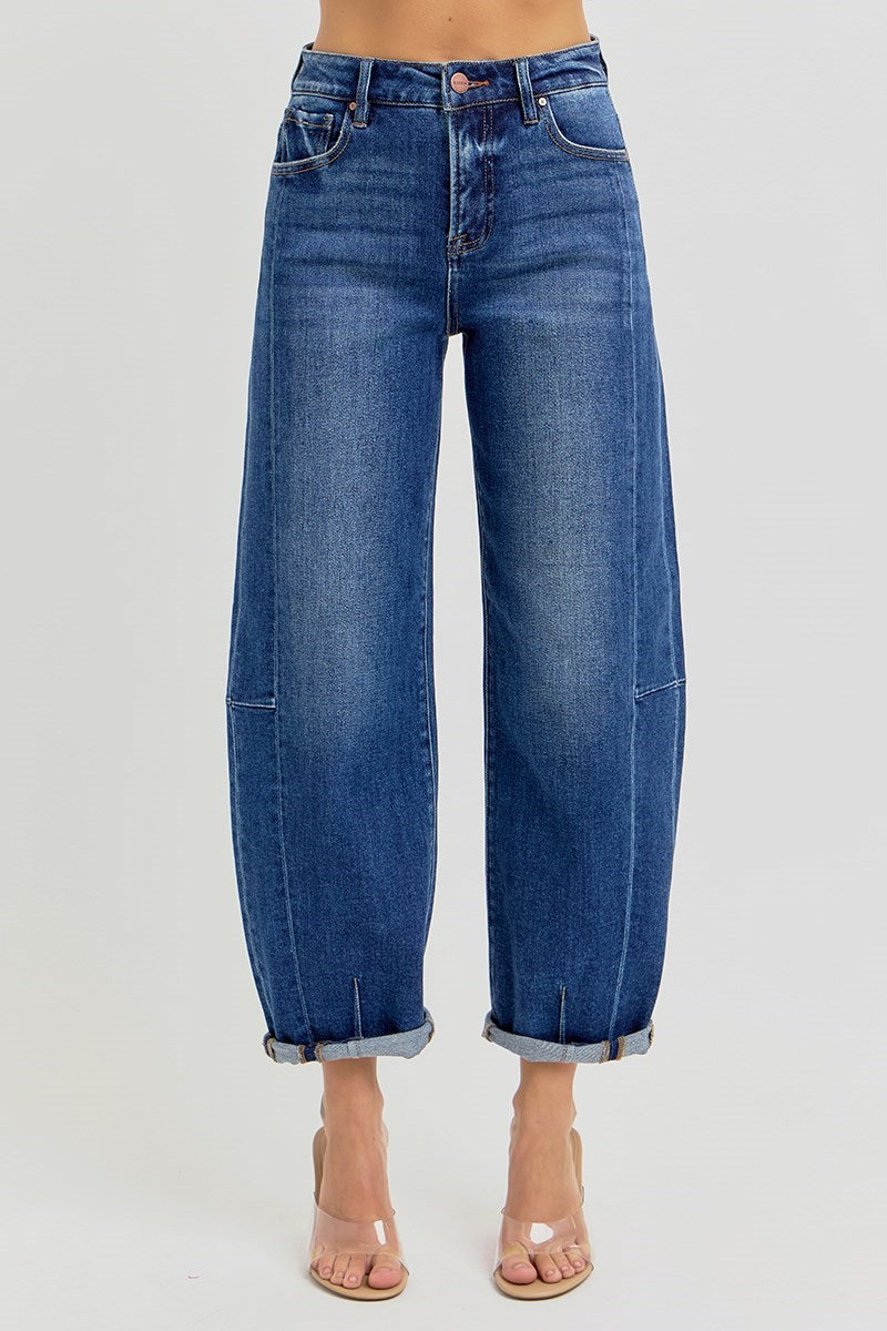 Ladies High Rise Barrel Jeans by Risen Jeans-Dark